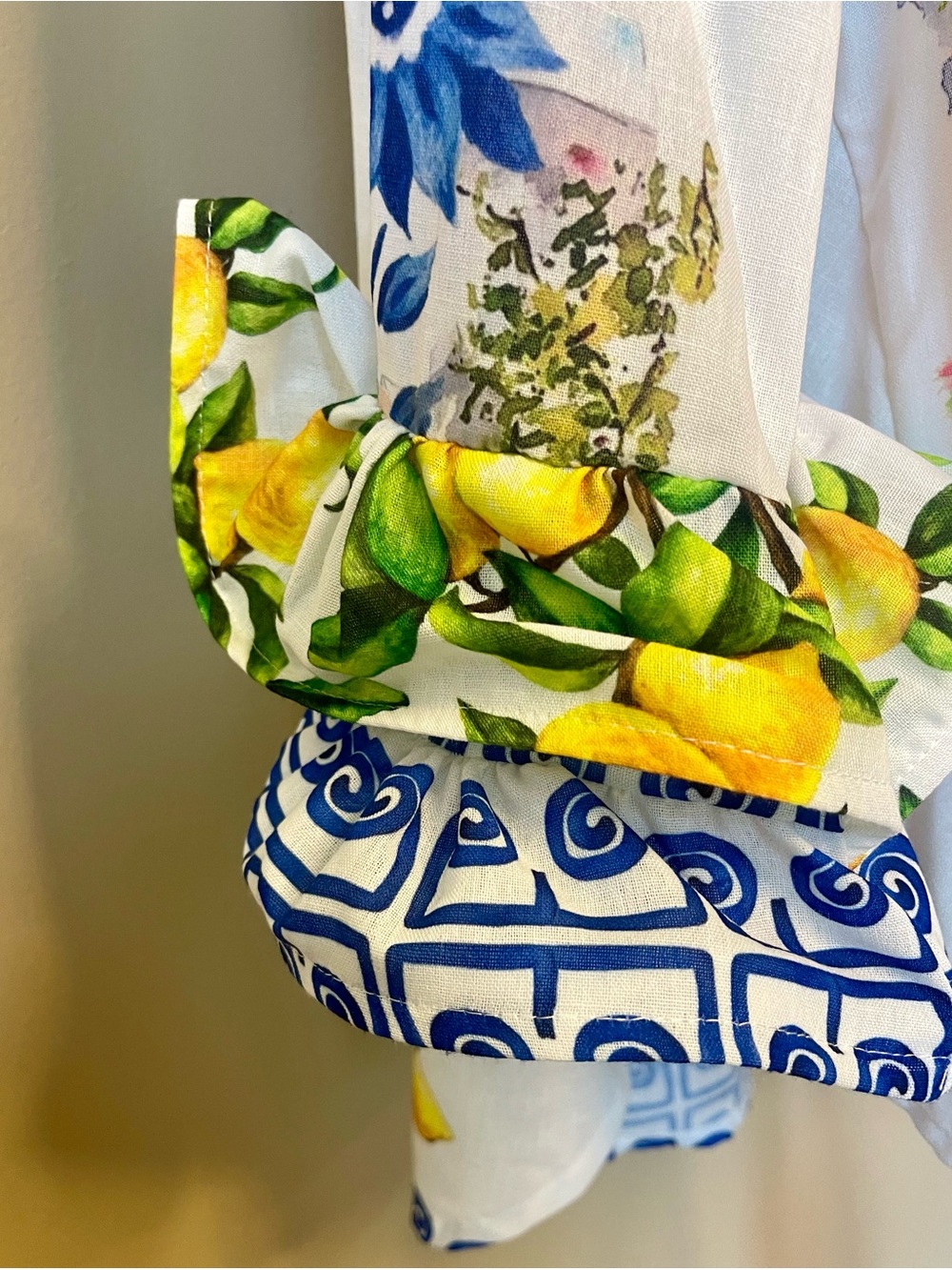 NWT MADE IN PADOVA, ITALY SANTORINI PRINT HIGH-LOW RUFFLED SLEEVE LUXURY BLOUSE - Picture 8 of 17